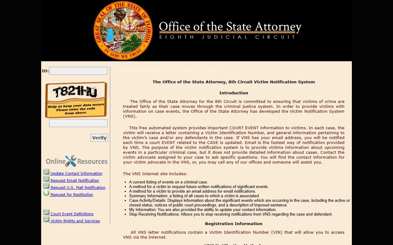 Alachua County released inmates State Attorney victim notification service page