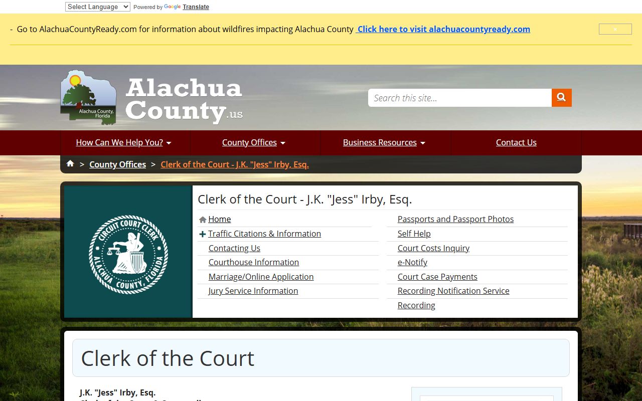Alachua County Clerk of Court home page with clerk name and court record services