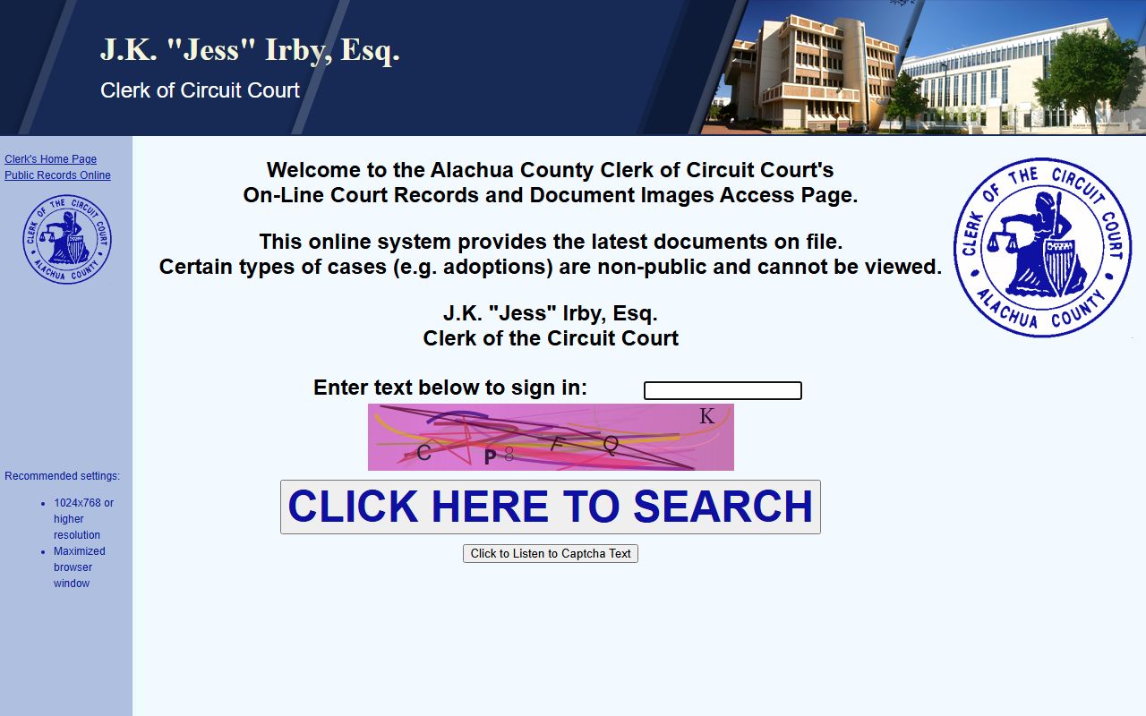 Alachua County court records search entry page with CAPTCHA gate