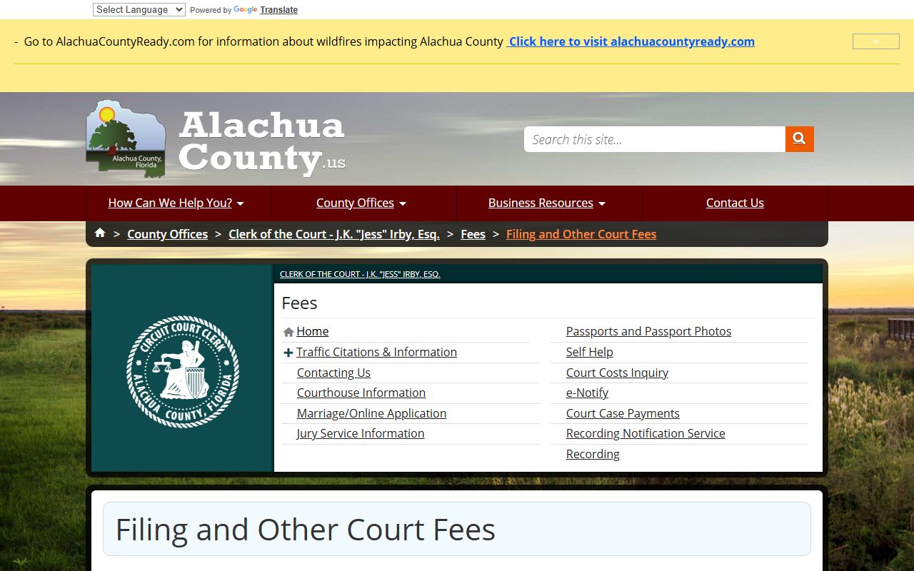 Alachua County court records clerk filing and court fee schedule