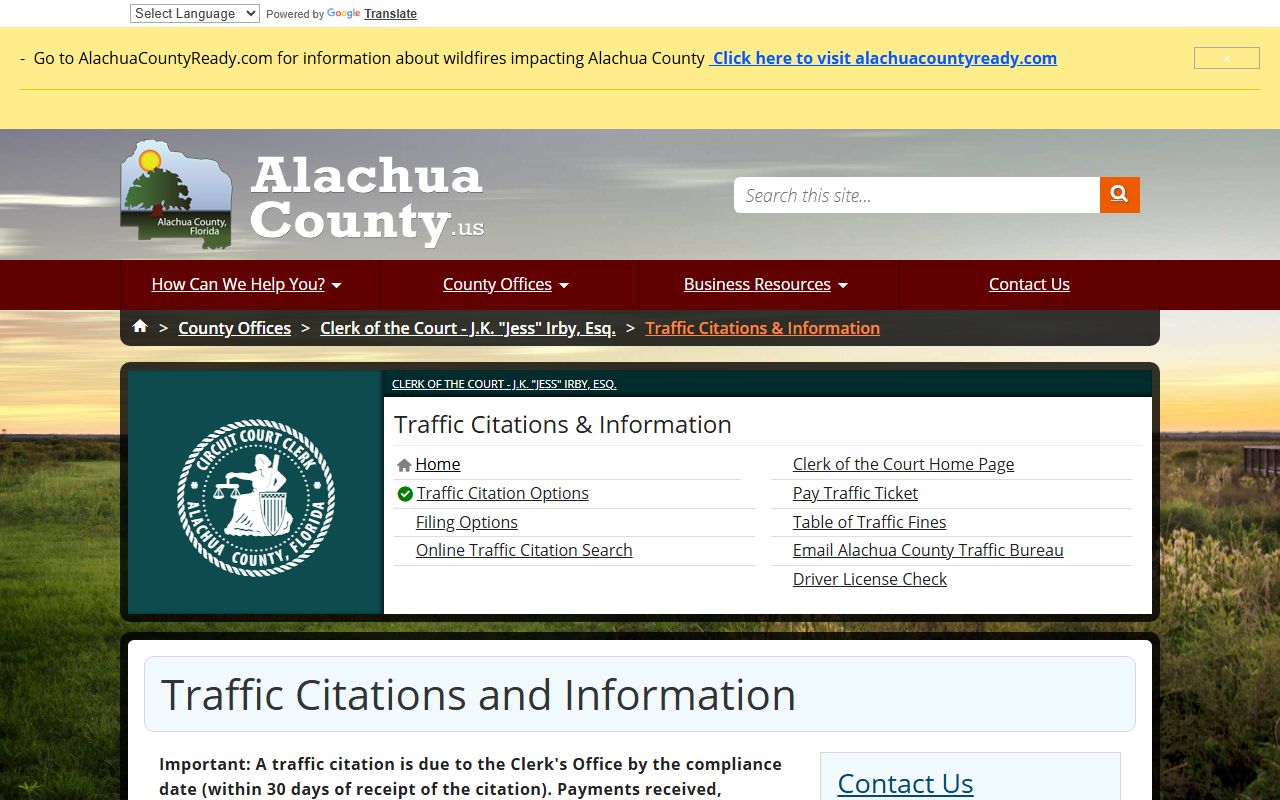 Alachua County traffic court records Clerk traffic citations and information page