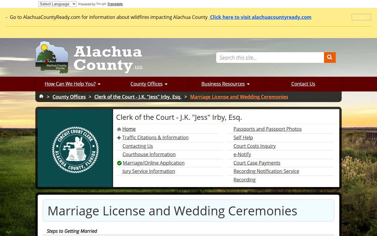 Alachua County court records marriage license requirements and fees page