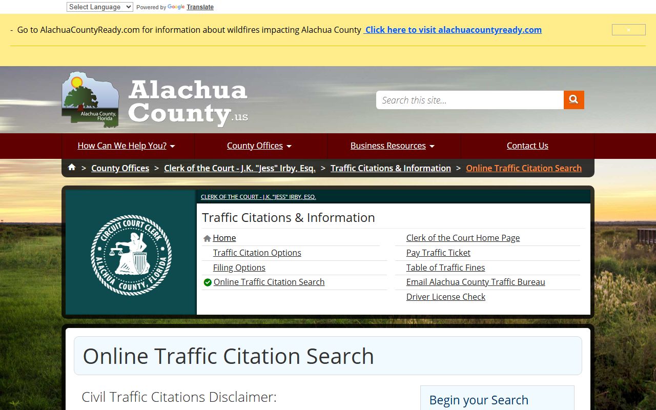 Alachua County traffic court records online civil traffic citation search page