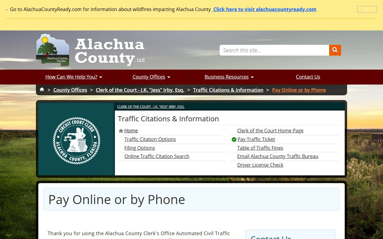 Alachua County traffic court records online and phone ticket payment page