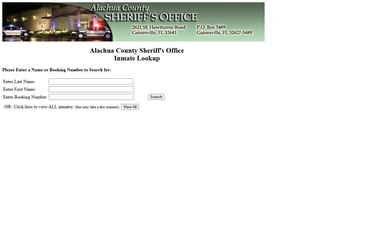 Alachua County inmate records Sheriff's hosted inmate lookup search form