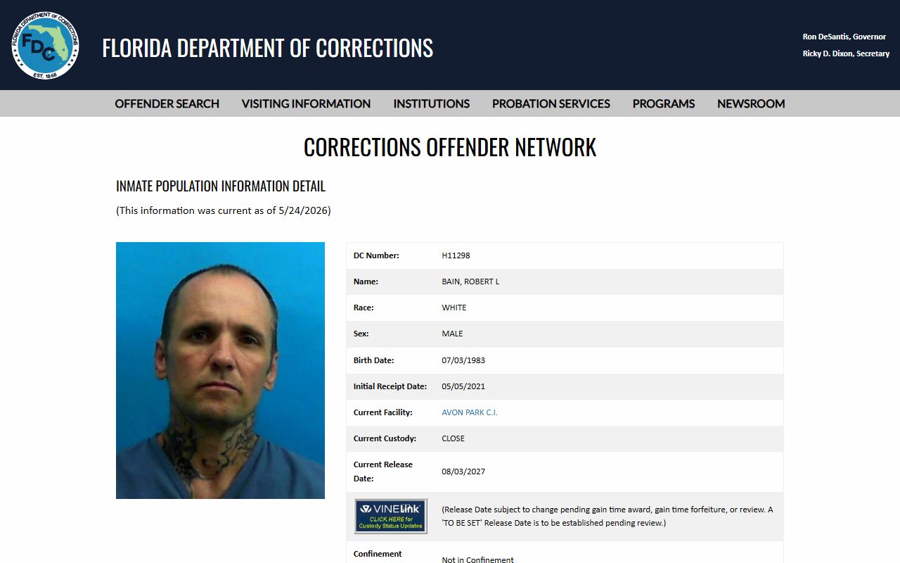Alachua County inmate population Florida DOC sample inmate detail page fields