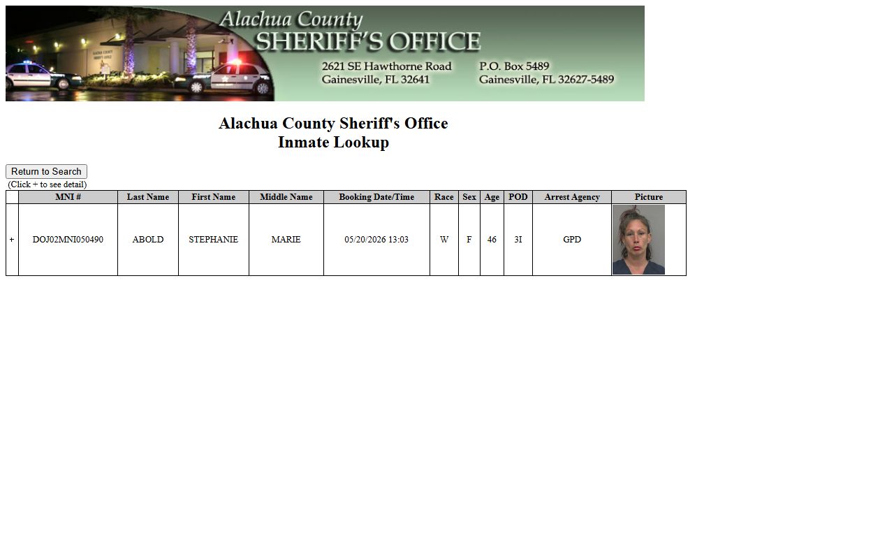 Alachua County inmate records sample inmate detail result from the Sheriff's lookup