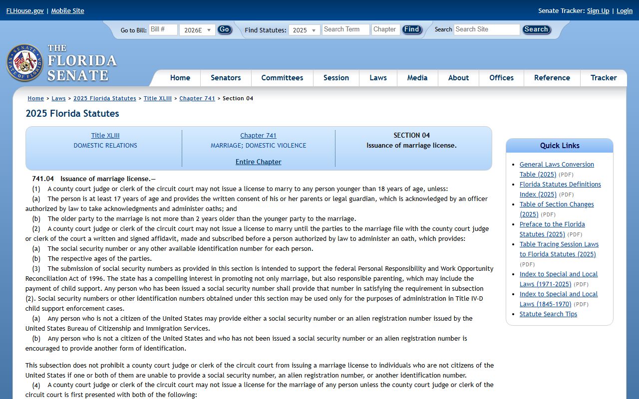 Alachua County marriage records Florida marriage license age and consent statute 741.04