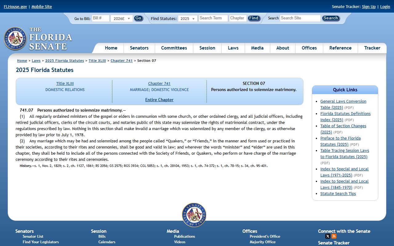 Alachua County marriage records persons authorized to solemnize marriage statute 741.07