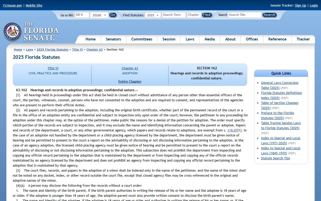 Alachua County probate records adoption records confidentiality statute 63.162