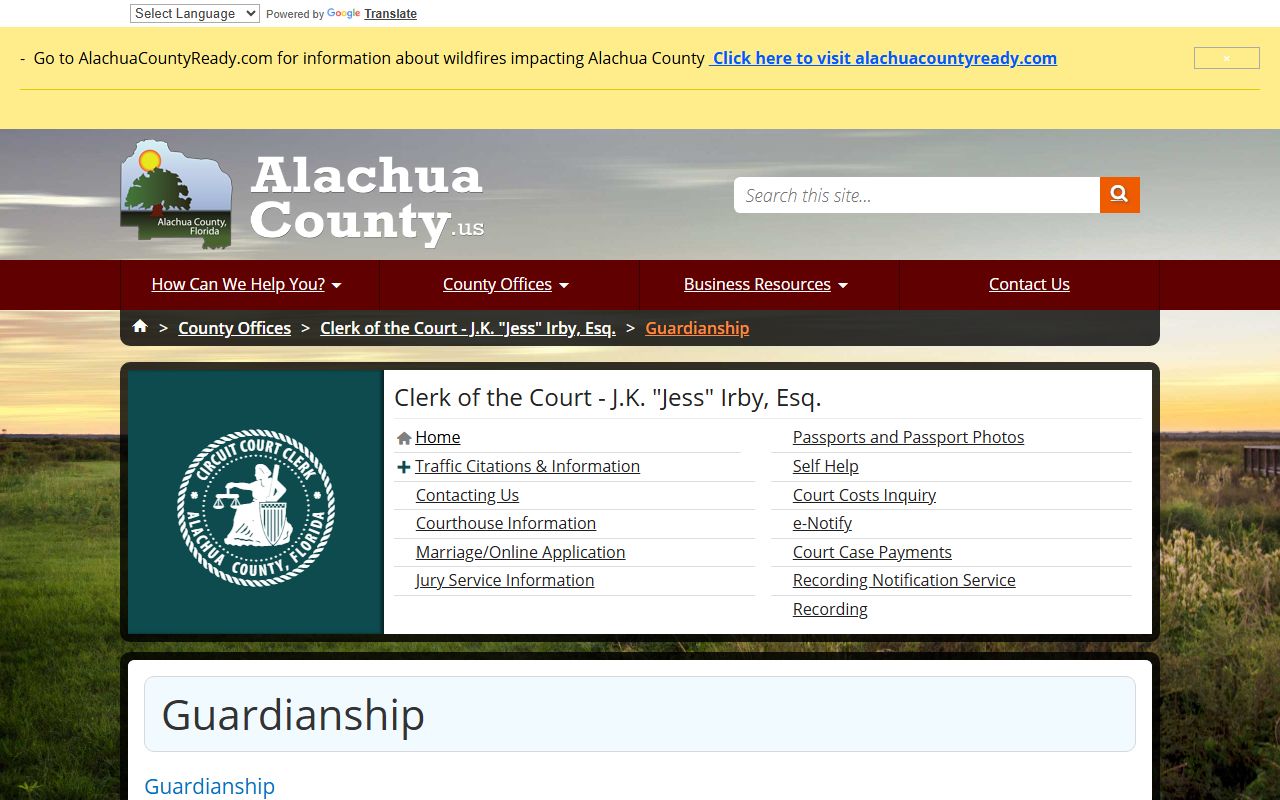 Alachua County probate records guardianship page and forms references