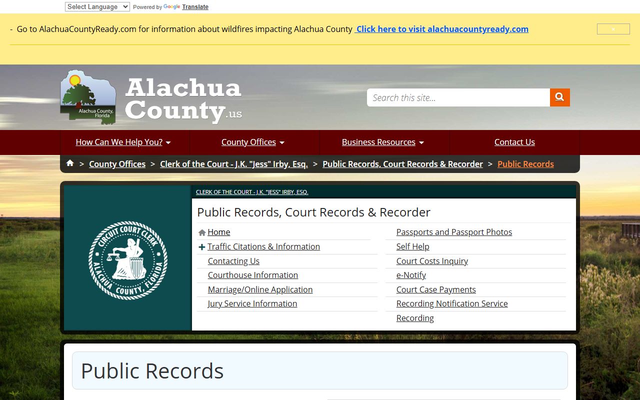 Alachua County public records Clerk public records request methods and copy costs