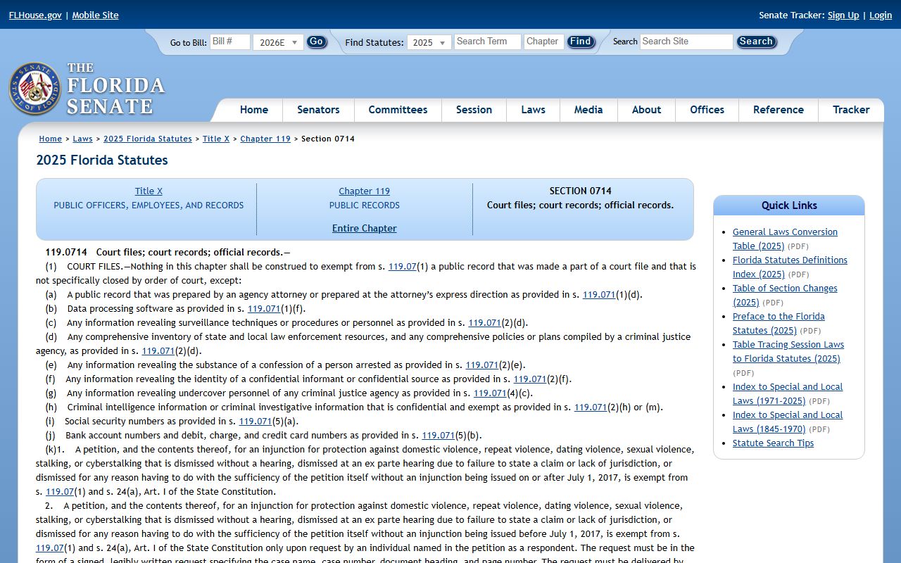 Alachua County court records statute 119.0714 on court files and official records