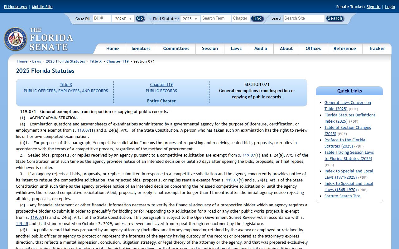 Alachua County public records Florida general public-records exemptions statute 119.071