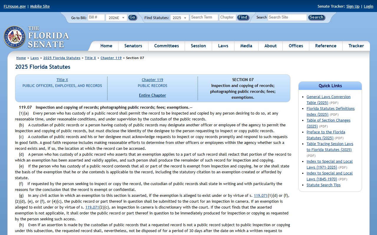 Alachua County public records Florida inspection and copying statute 119.07