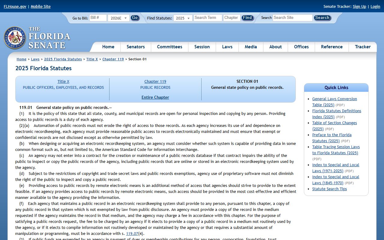 Alachua County public records Florida public records policy statute 119.01
