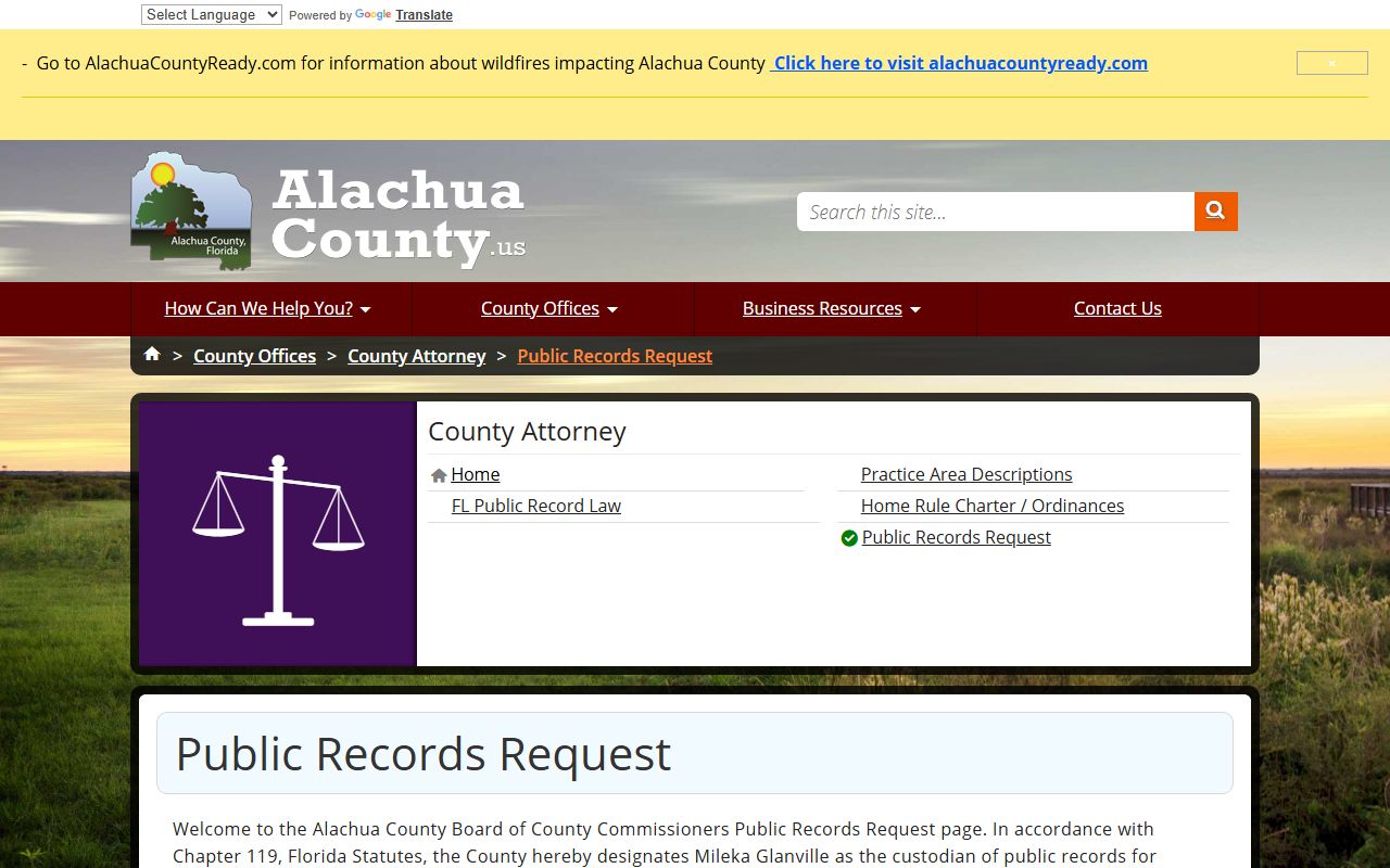 Alachua County public records Board of County Commissioners public records request page