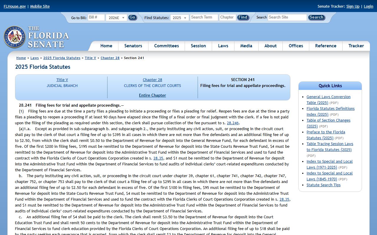 Alachua County public records Florida civil filing fees statute 28.241