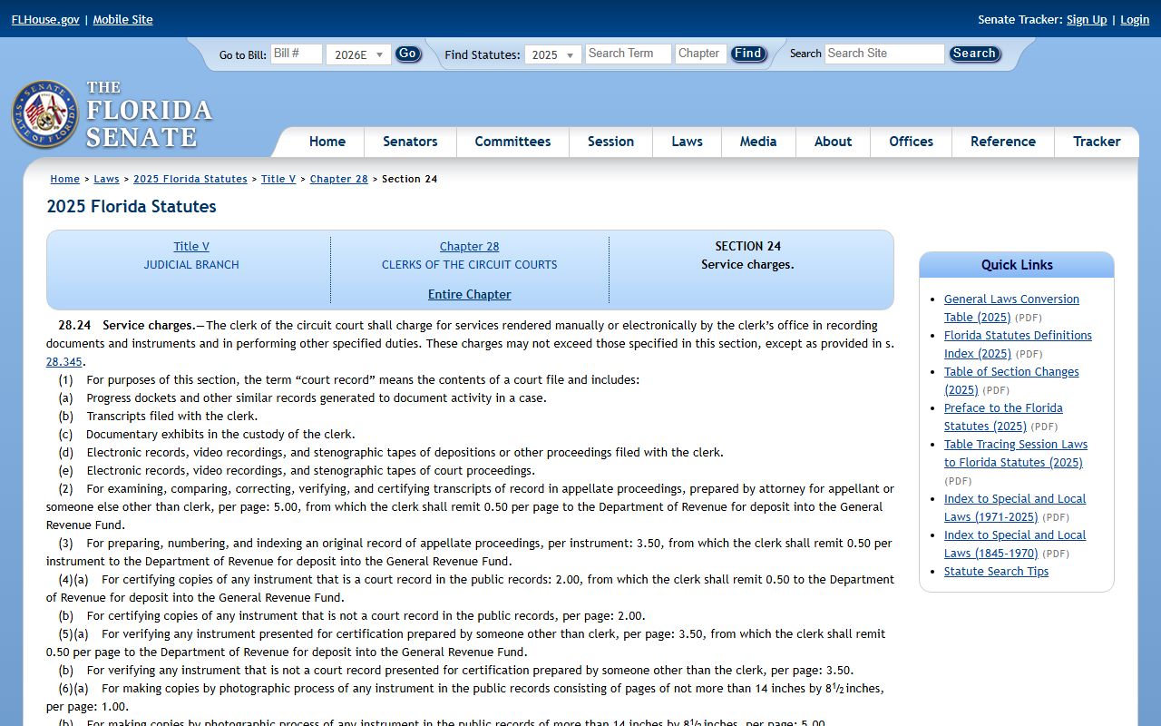 Alachua County clerk of court service charges statute 28.24