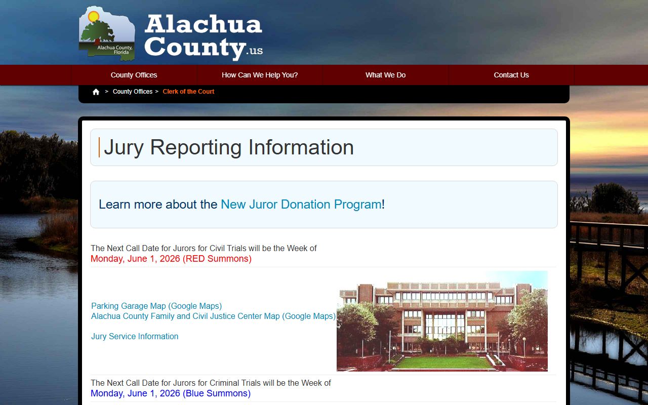 Alachua County clerk of court jury reporting page with security and parking rules