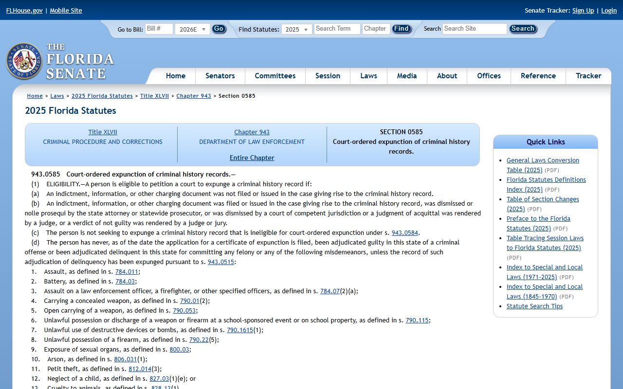 Alachua County arrest records Florida court-ordered expunction statute 943.0585