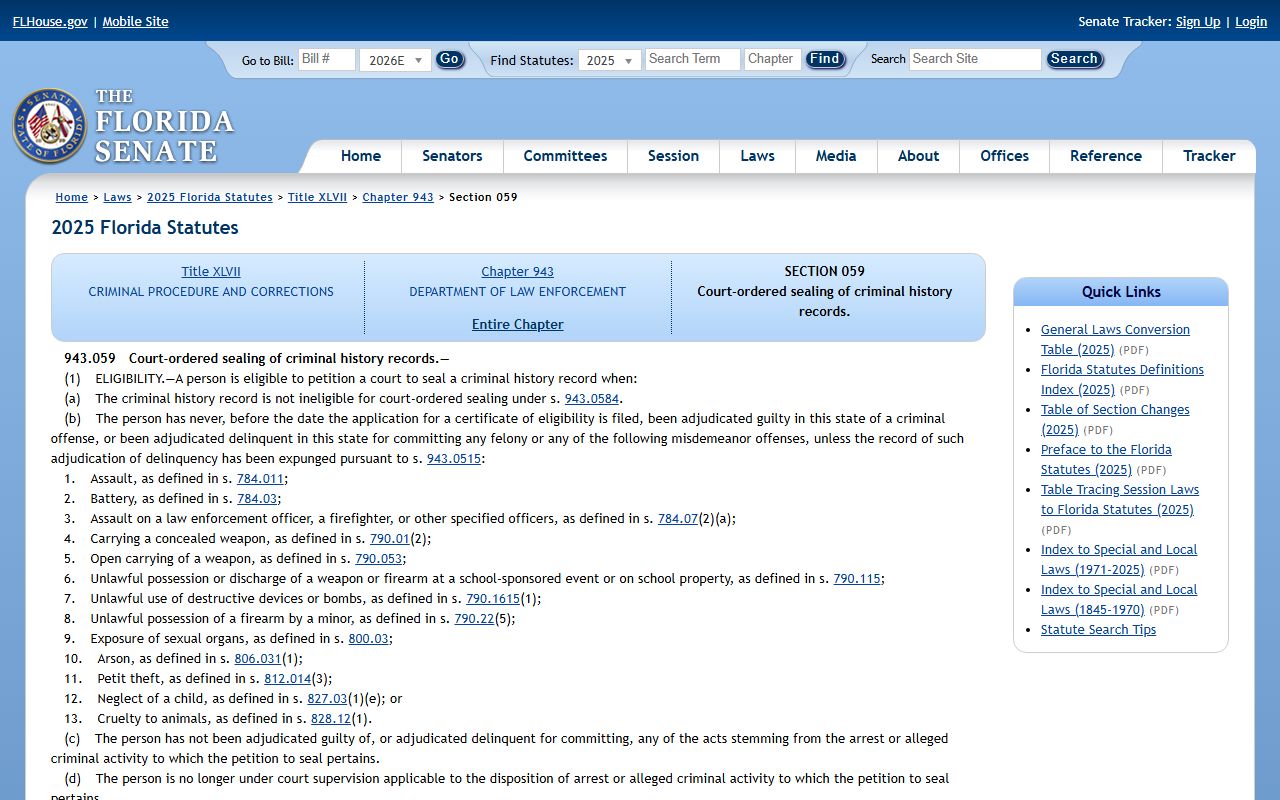 Alachua County arrest records Florida court-ordered sealing statute 943.059