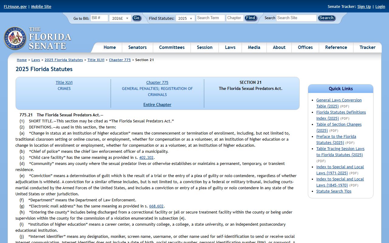 Alachua County released inmates Florida Sexual Predators Act statute 775.21