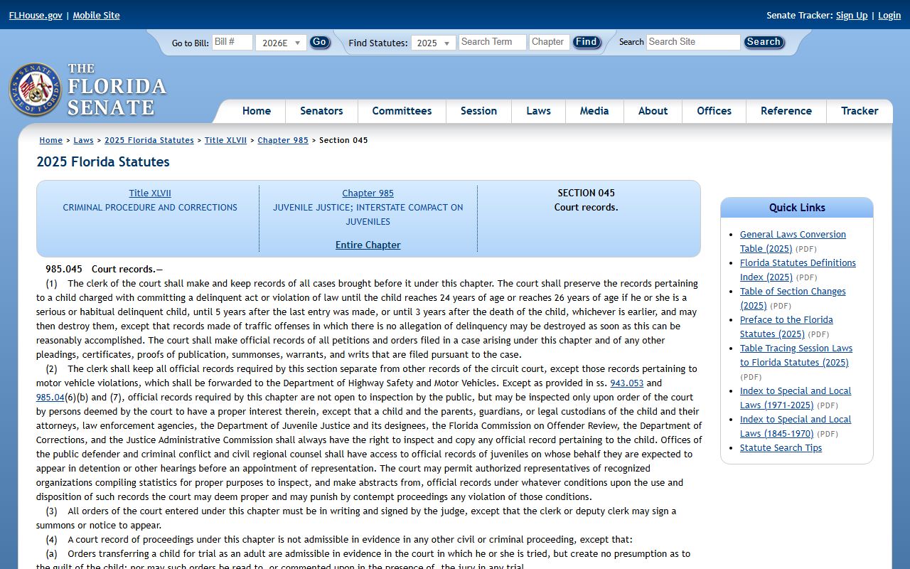 Alachua County court records juvenile records confidentiality statute 985.045
