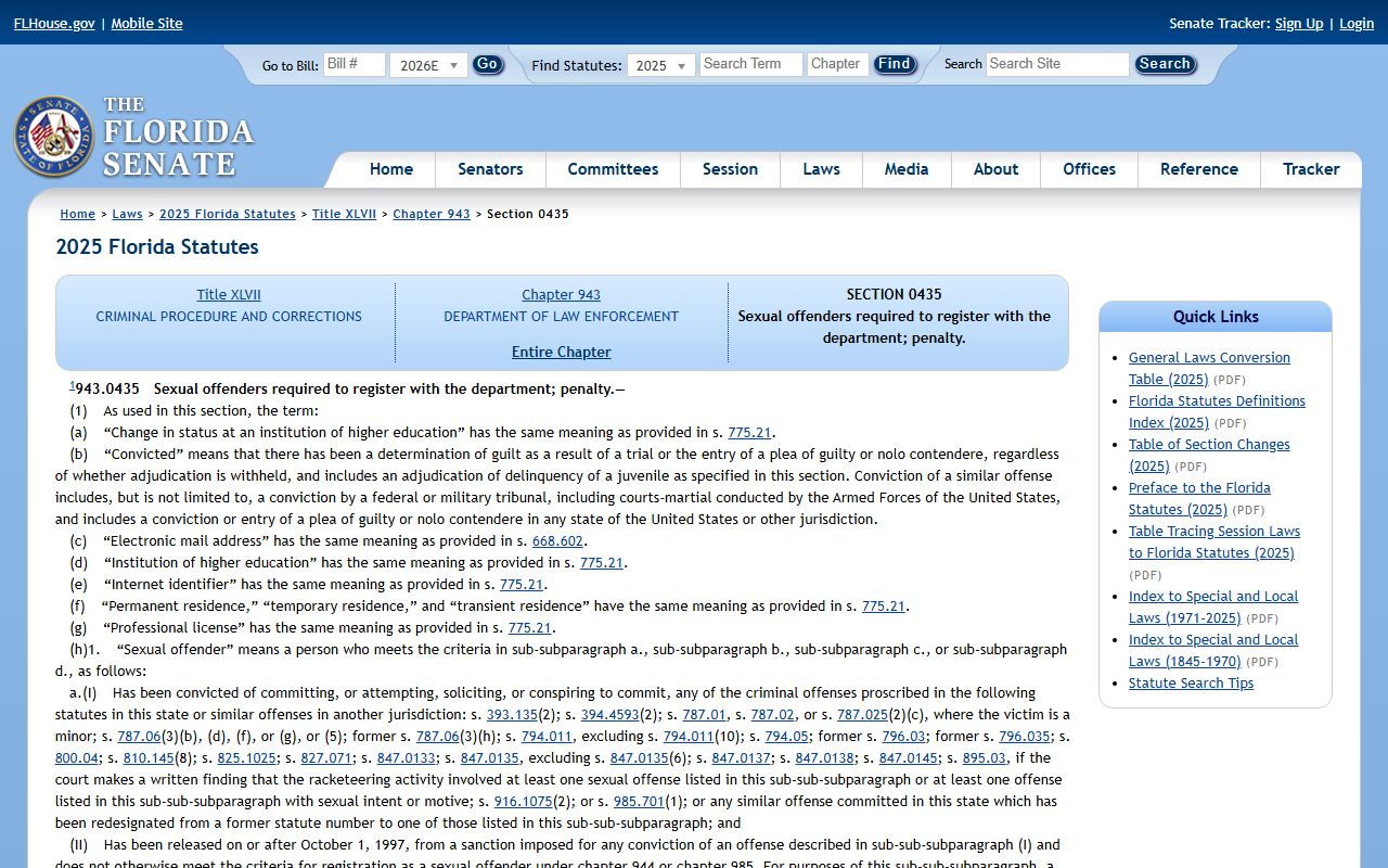Alachua County released inmates sexual offender registration statute 943.0435