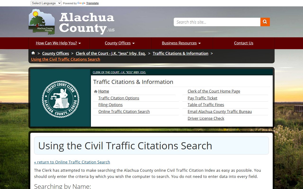 Alachua County traffic court records civil traffic citation search instructions by name and number