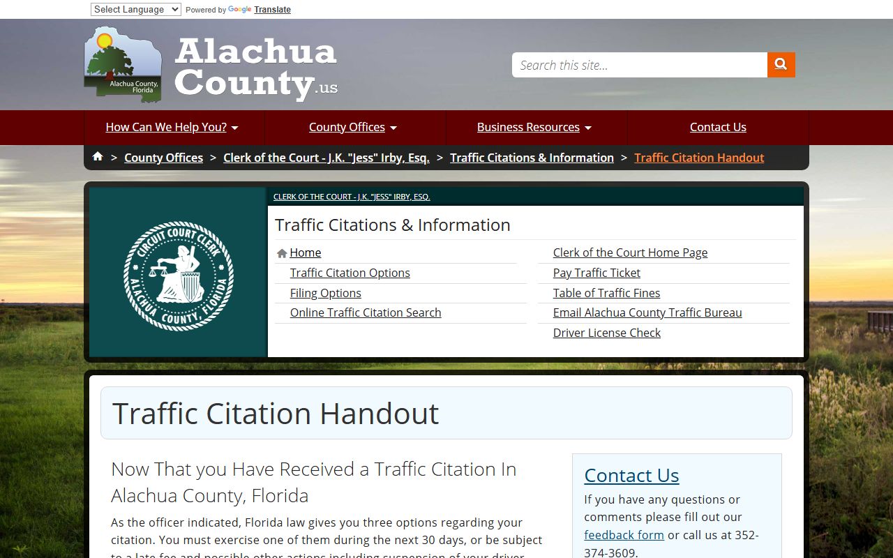 Alachua County traffic court records citation handout explaining 30-day options and late fee